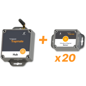 The Trapmate Premium Bundle incudes one Hub and 20 Dual Vibration/Magnet Sensors